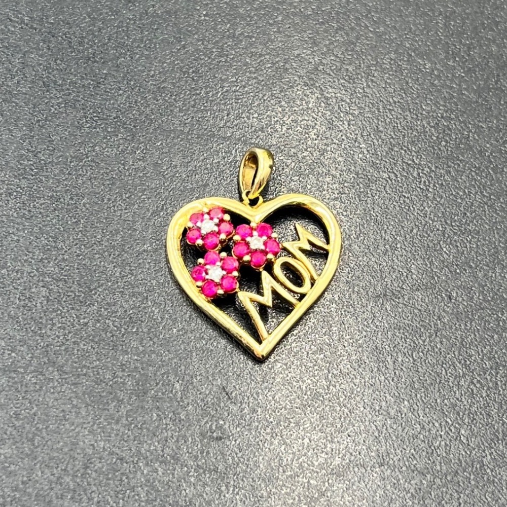 Designer Vintage Estate 10K Yellow Gold MOM Heart Ruby Flowers Diamond Pendant